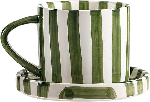 Green Striped Ceramic Mug & Saucer